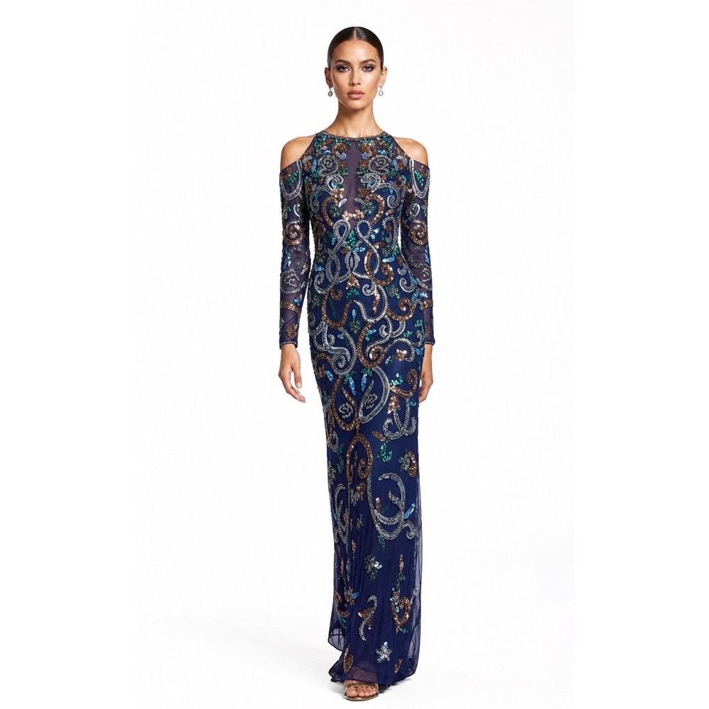 Primavera Couture 3044 Midnight Multi Sequin Cold Shoulder‎ Gown Dress 2 NEW